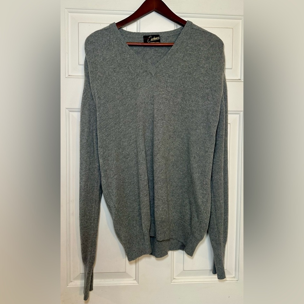 Mens Vintage Fully Fashioned Cashmere V Neck‎ Sweater L Charcoal Gray Super Soft